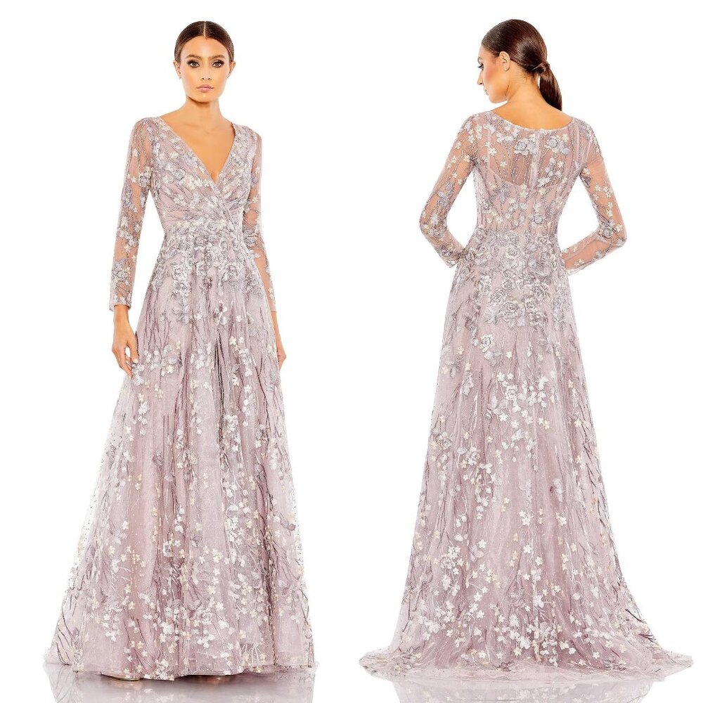 MAC DUGGAL | EMBELLISHED WRAP OVER ILLUSION LONG SLEEVE A LINE GOWN #20402